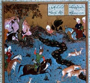 Houghton Shahnamah: Bahram Gur Pins Coupling Onagers. 
Coverage Spatial: Iran 
Coverage Temporal: Safavid Period 16C 
Creator: Artist, (Attributed to) Mir Sayyid Ali. (Persian painter, active also in India, b Tabriz, c. 1510; d Mecca, after 1572)