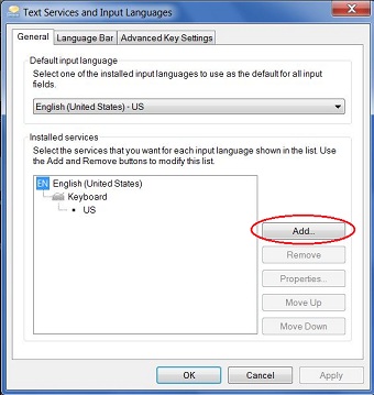 The "Add" button under "Text Services and Input languages"